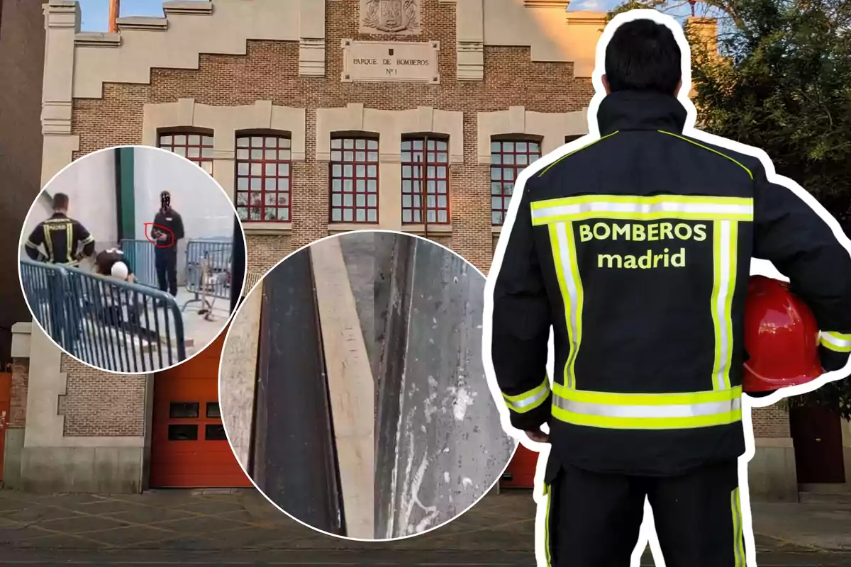 Un bombero de espaldas con uniforme de Madrid sostiene un casco rojo frente a un edificio de ladrillo con ventanas grandes y dos imágenes circulares superpuestas que muestran una escena de trabajo y un detalle de metal.