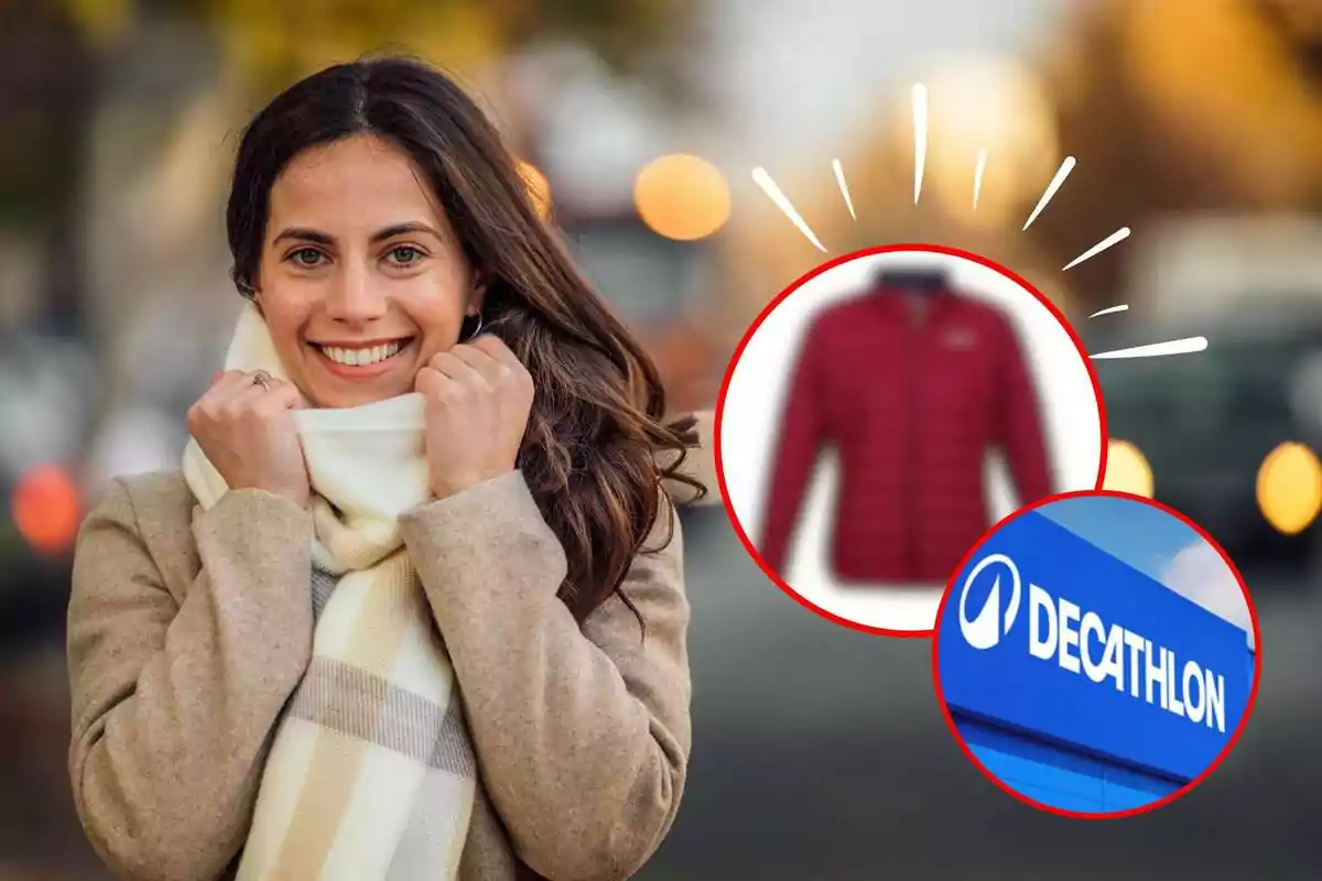 Mujer sonriendo con bufanda y abrigo en un entorno urbano con imágenes superpuestas de una chaqueta roja y el logo de Decathlon.