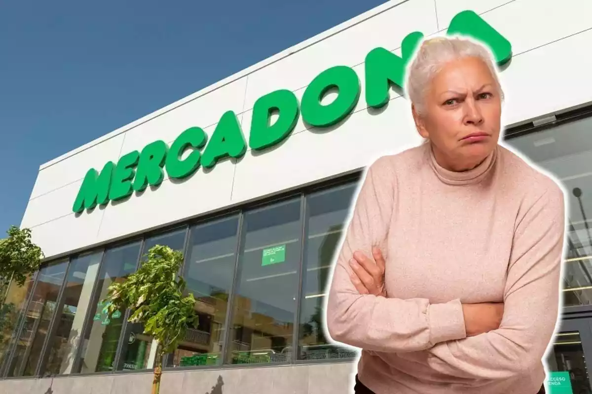 Montaje con tienda Mercadona y mujer enfadada