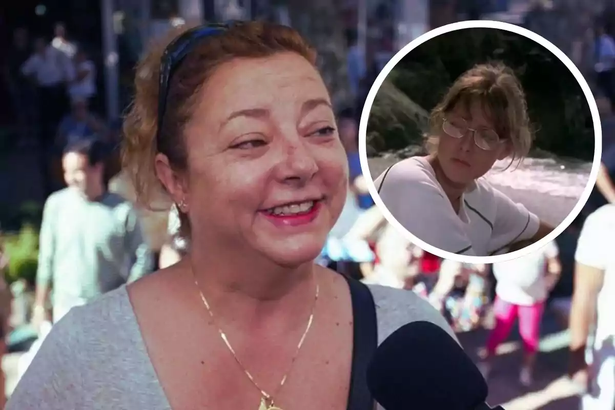 Una mujer sonriente es entrevistada en la calle, con una imagen circular superpuesta de una joven con gafas en un entorno natural.