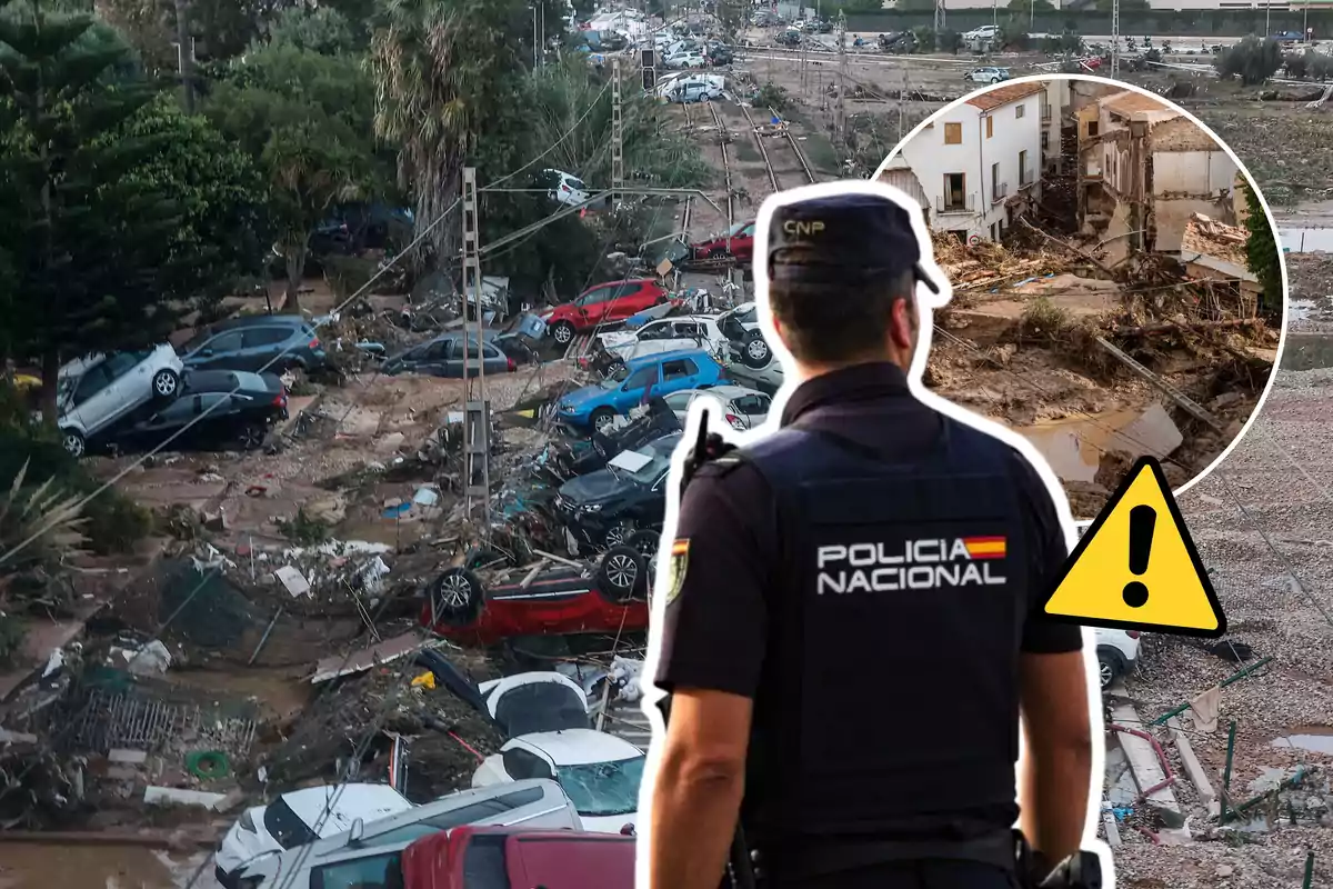 Un agente de la Policía Nacional observa una escena de devastación con coches amontonados y escombros tras una inundación, mientras un símbolo de advertencia y una imagen insertada muestran más daños en edificios.