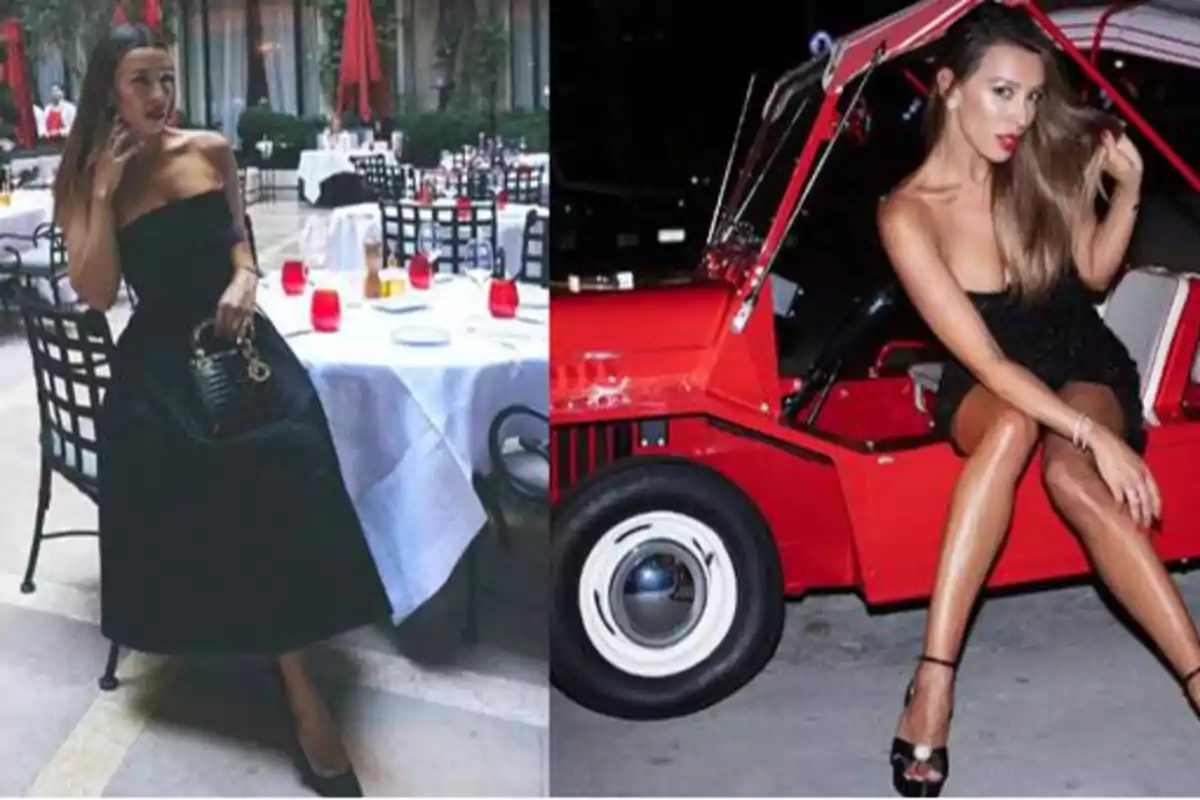 Dos mujeres posando, una en un restaurante al aire libre y la otra en un coche rojo.