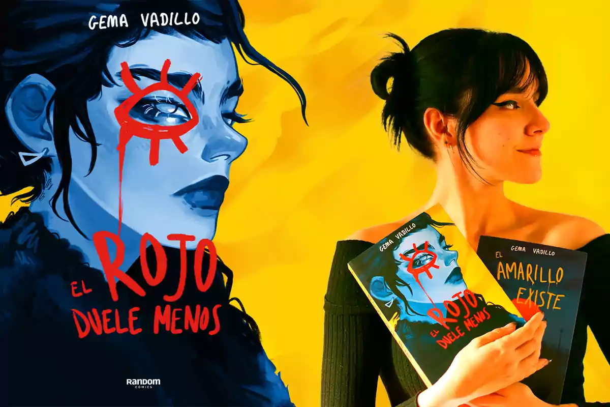 Una mujer sostiene dos libros con portadas coloridas, uno de ellos titulado "El rojo duele menos" con una ilustración de un rostro azul y un ojo rojo pintado sobre él, mientras que el fondo es de un vibrante color amarillo.