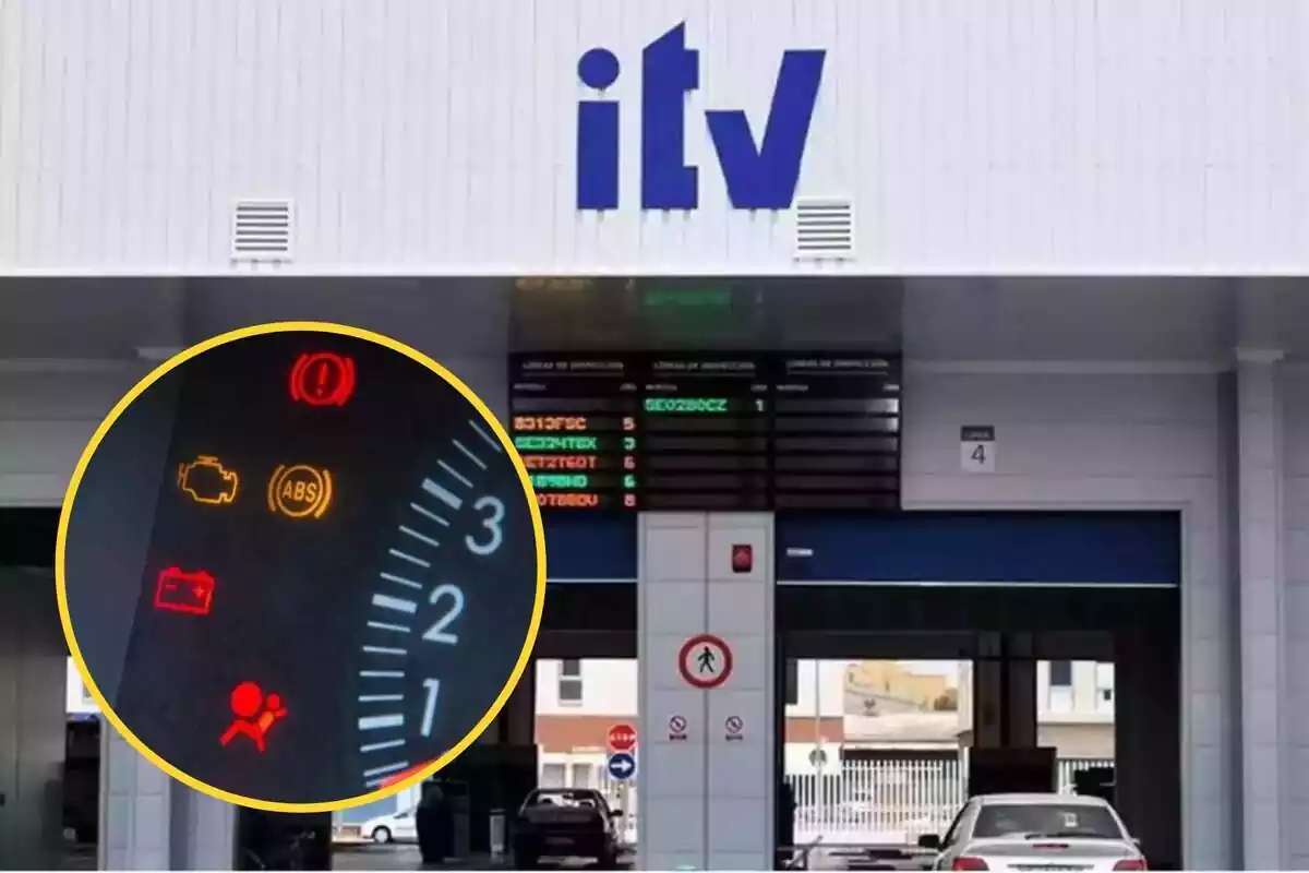 Montaje con estación de ITV y círculo amarillo con luces encendidas en el cuadro de instrumentos del coche