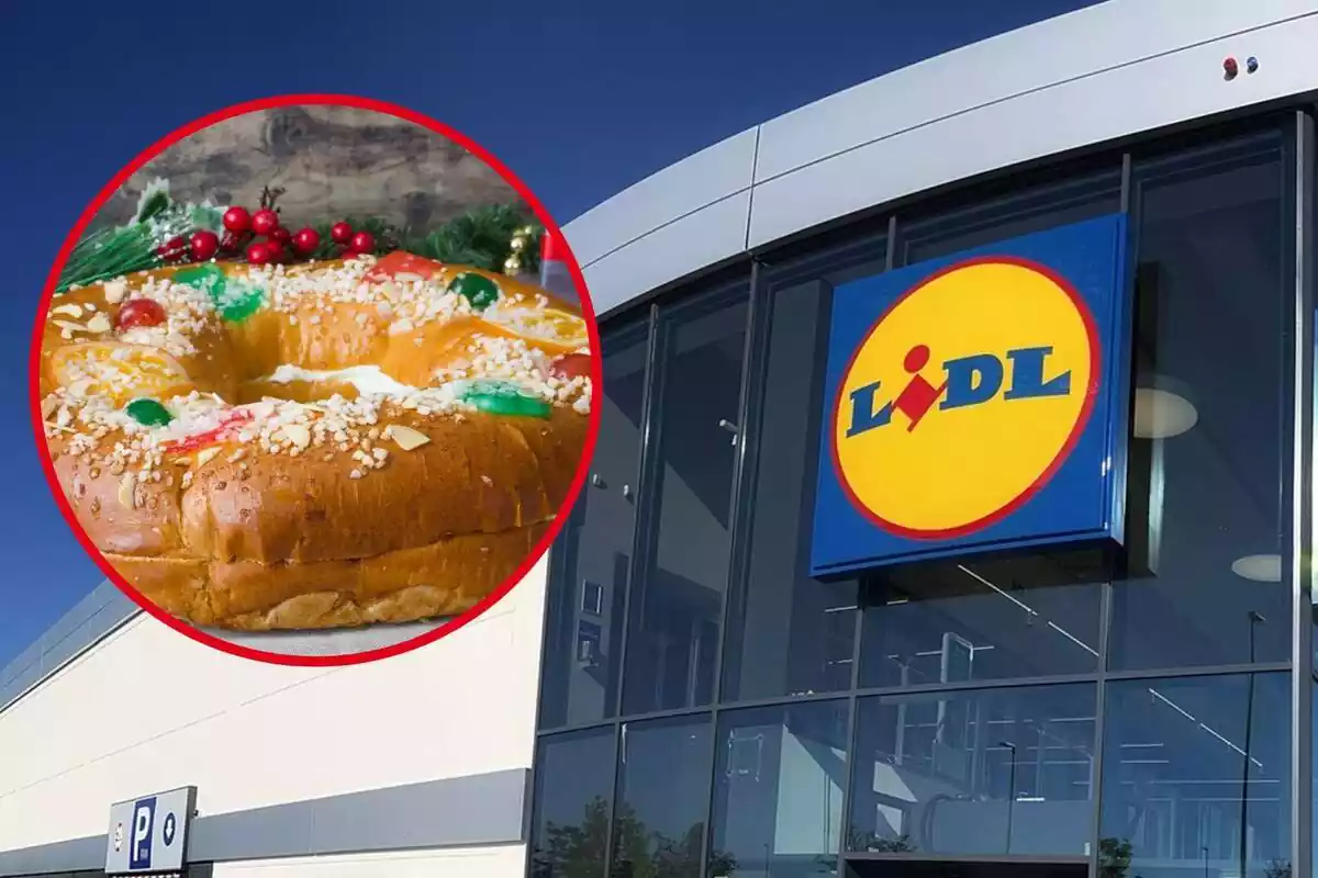 Fachada de Lidl con una imagen destacada de un roscón de reyes