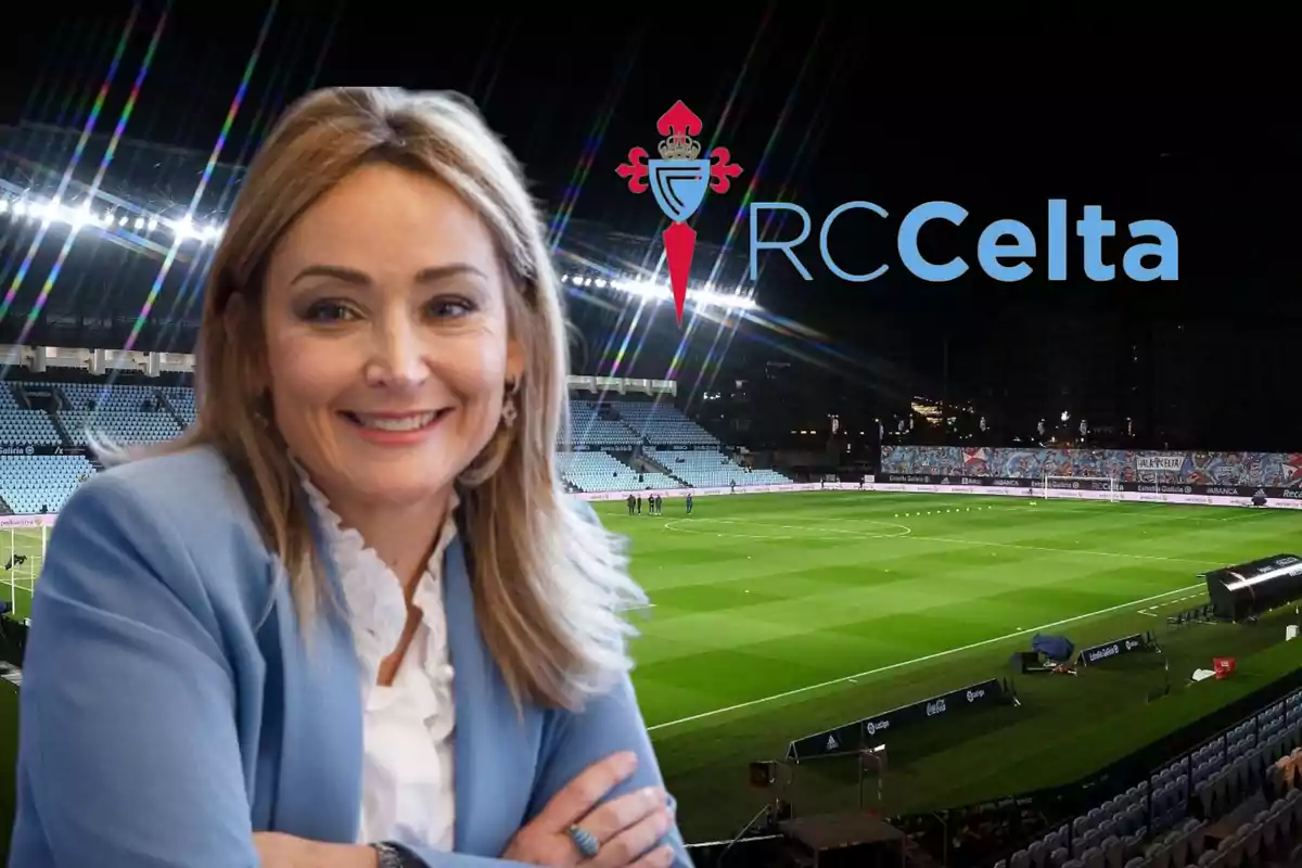 Una persona sonriente con chaqueta azul está superpuesta sobre la imagen de un estadio de fútbol iluminado por la noche, con el logo de RC Celta visible en el fondo.