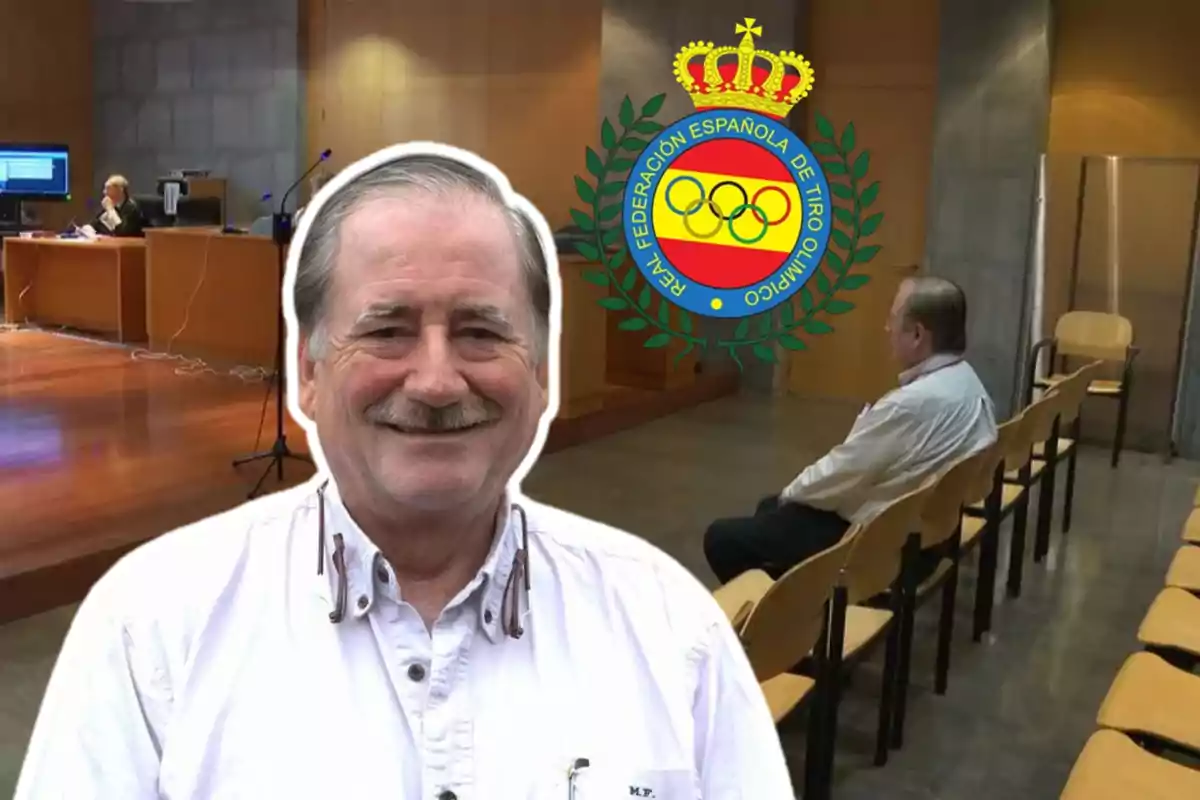 Un hombre sonriente con una camisa blanca aparece en primer plano mientras en el fondo se observa una sala de conferencias con un logotipo de la Real Federación Española de Tiro Olímpico.