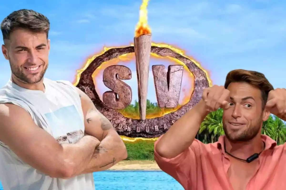 Dos personas posan frente a un logotipo con las letras "SV" y un fondo de playa y palmeras.