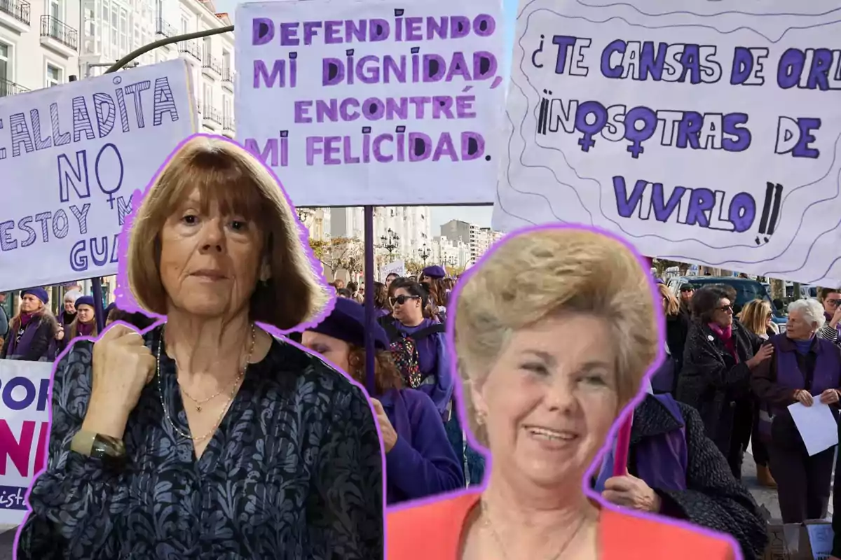 Una manifestación feminista con pancartas que expresan mensajes de empoderamiento y dos mujeres destacadas en primer plano.