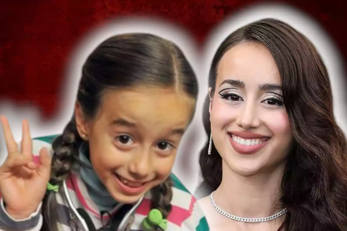 Una imagen que muestra a una niña sonriendo con trenzas y a una mujer joven con cabello suelto y maquillaje elegante, ambas posando frente a un fondo rojo.