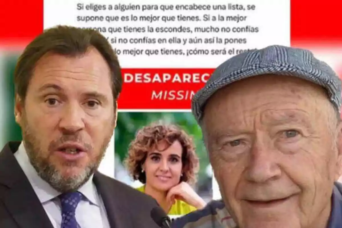 Imagen de tres personas con un cartel de "DESAPARECIDO" en el fondo.