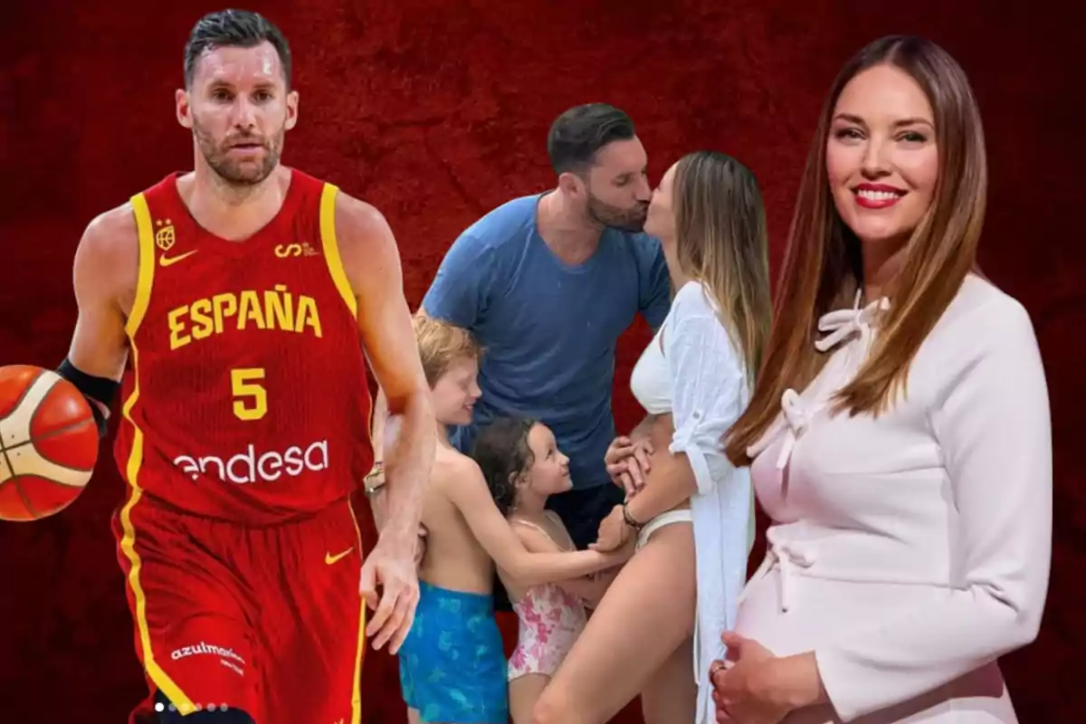 Un jugador de baloncesto con el uniforme de España, una pareja besándose rodeada de niños y una mujer embarazada sonriendo.