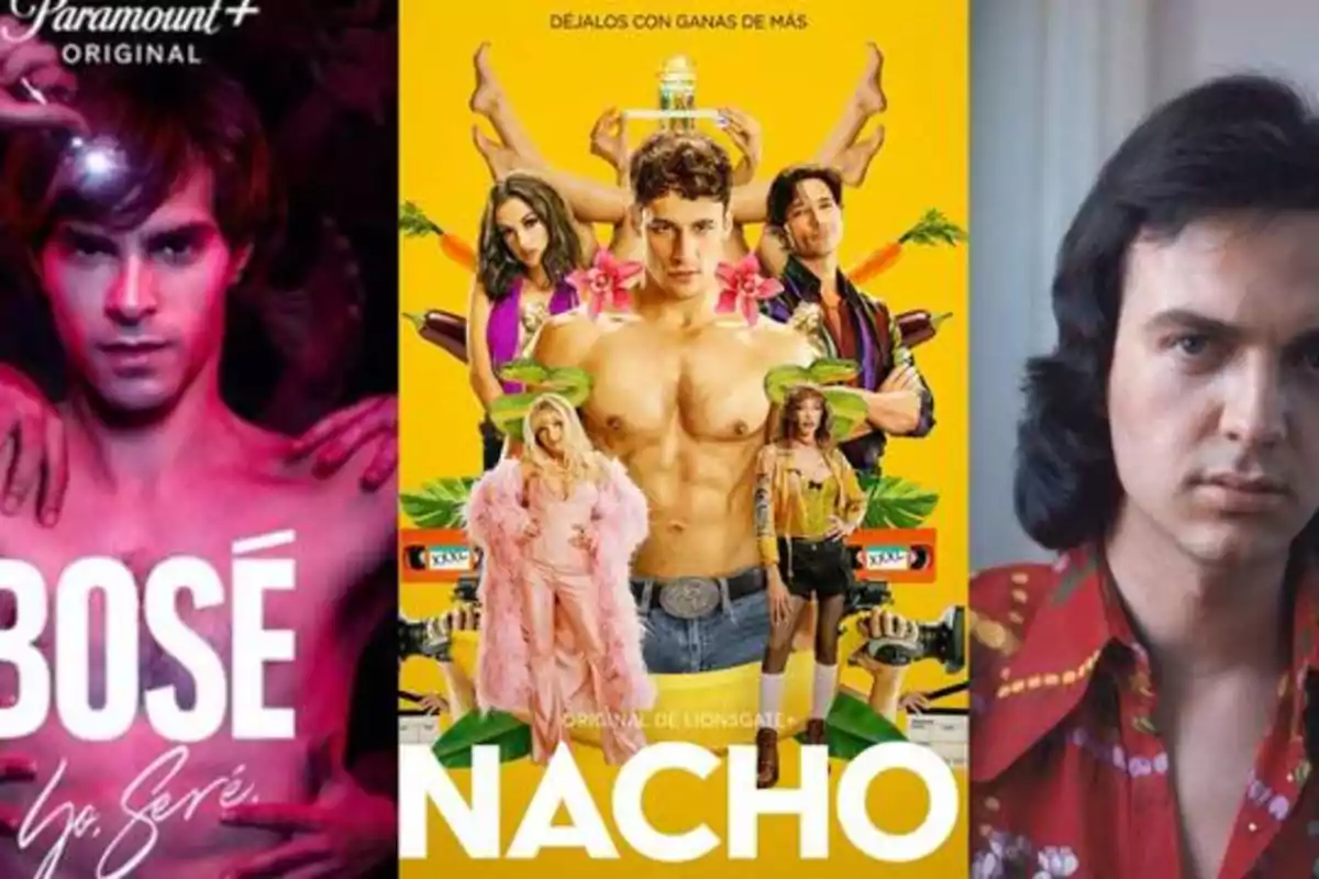 Tres carteles de series: "Bosé" de Paramount+, "Nacho" de Lionsgate y una tercera imagen de un hombre con camisa roja.