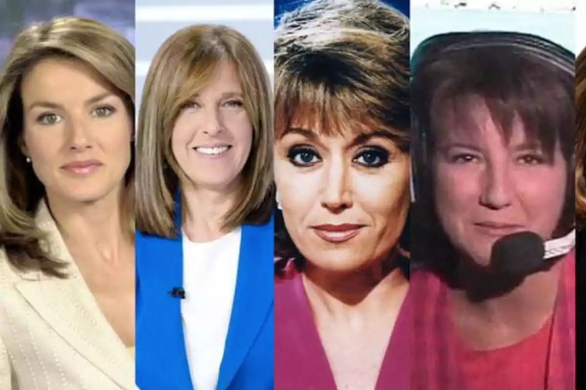 Cinco mujeres posando en diferentes momentos, todas con expresiones serias o sonrientes, algunas con atuendos formales y otras con auriculares.
