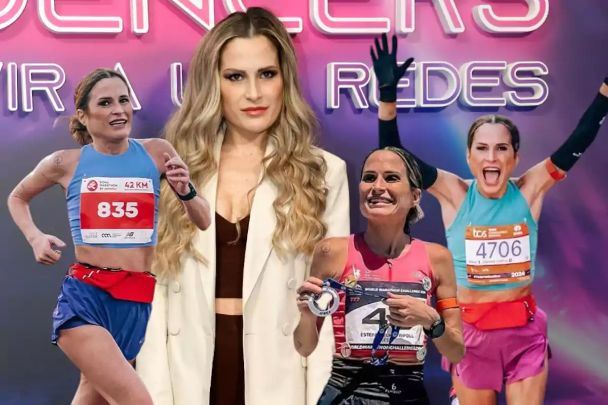 Una mujer aparece en el centro de la imagen con un fondo colorido y varias fotos de ella misma corriendo maratones, luciendo diferentes atuendos deportivos y mostrando medallas.