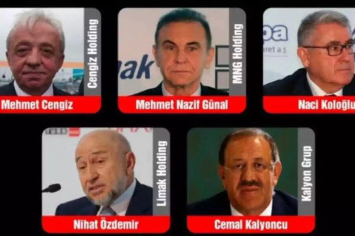 Cinco hombres con etiquetas que indican sus nombres y las empresas a las que pertenecen: Mehmet Cengiz de Cengiz Holding, Mehmet Nazif Günal de MNG Holding, Naci Koloğlu de Kolin, Nihat Özdemir de Limak Holding y Cemal Kalyoncu de Kalyon Grup.