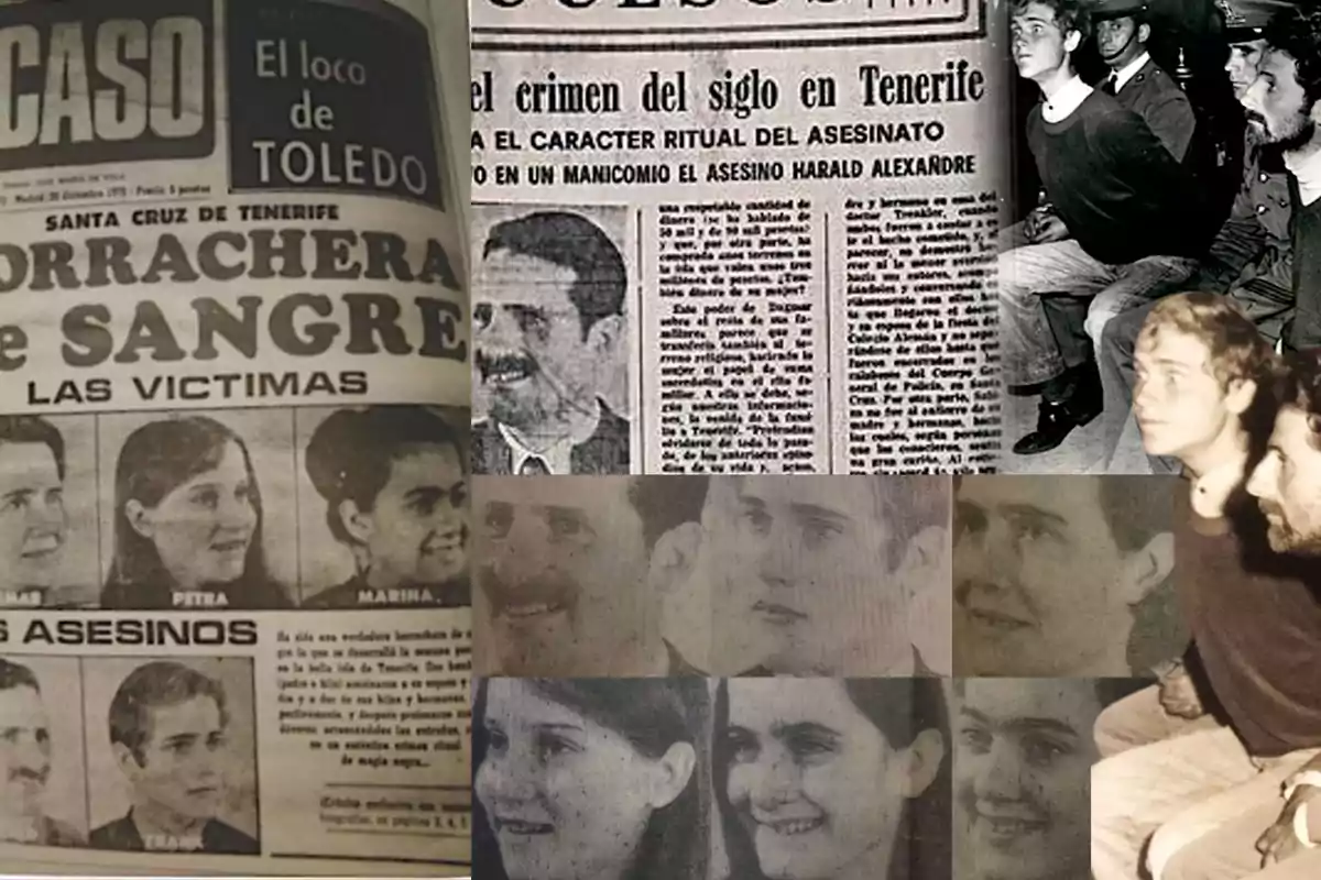 Collage de recortes de periódicos antiguos que informan sobre un crimen en Tenerife, con imágenes de las víctimas y los acusados en un tribunal.