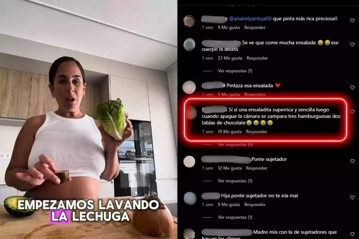 Anabel Pantoja en una cocina sostiene una lechuga mientras se muestra un texto que dice Anabel Pantoja en una cocina sostiene una lechuga mientras se muestra un texto que dice