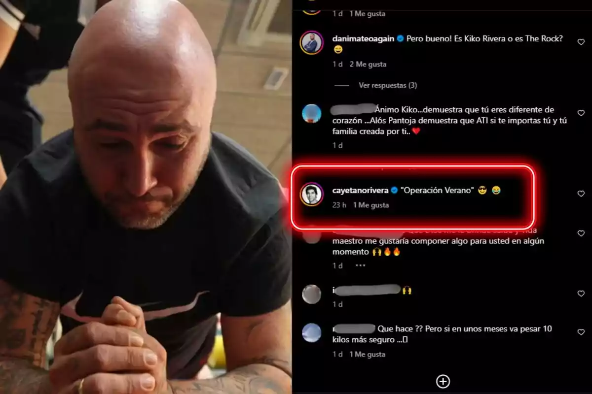 Kiko Rivera está inclinado hacia adelante con las manos juntas, mientras en la parte derecha de la imagen se ven comentarios de una publicación en redes sociales.