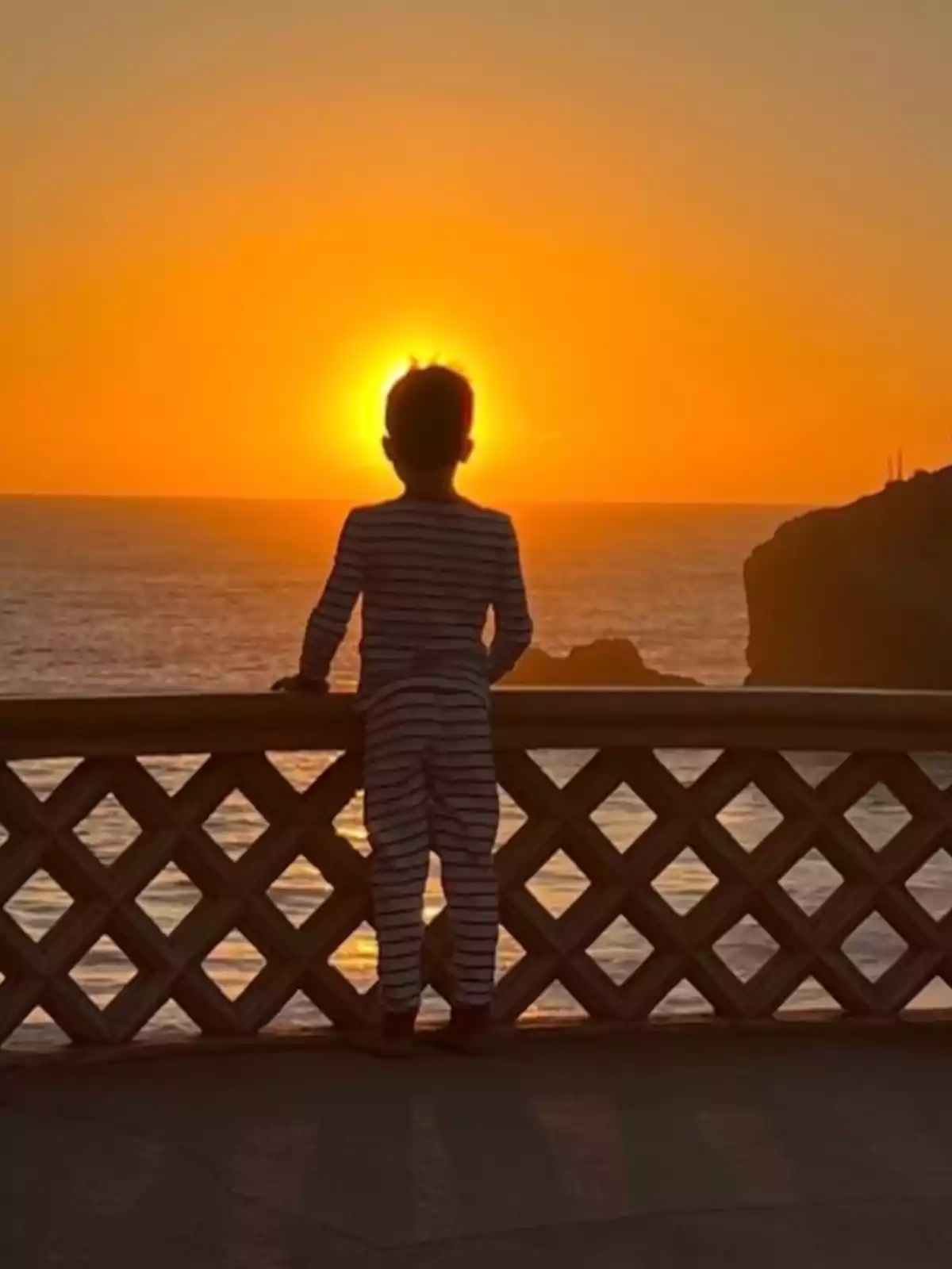 Archie en pijama de rayas observa el atardecer desde un balcón frente al mar. Archie en pijama de rayas observa el atardecer desde un balcón frente al mar.