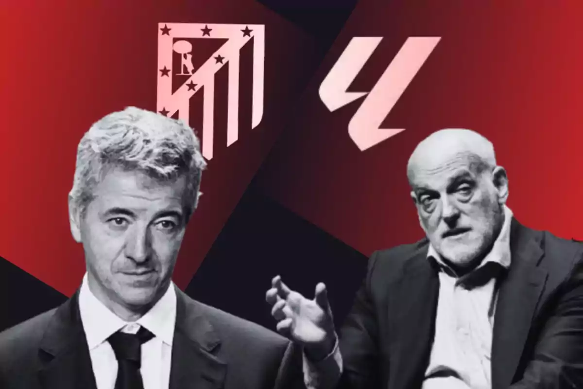 Dos hombres en traje frente a un fondo rojo con el logo del Atlético de Madrid y otro símbolo.