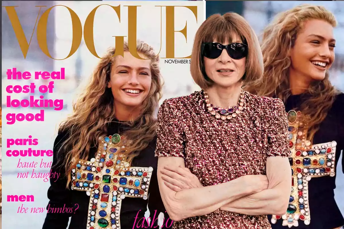 Portada de revista Vogue con una mujer de cabello rizado y otra con gafas de sol y vestido brillante.