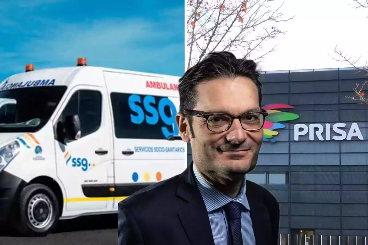 Un hombre con gafas y traje está frente a un edificio con el logo de PRISA, junto a una ambulancia de SSG bajo un cielo azul.