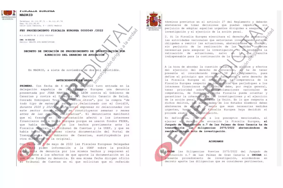 La imagen muestra un documento oficial de la Fiscalía Europea en Madrid, relacionado con un procedimiento de investigación por ejercicio del derecho de avocación. El documento, fechado el 7 de noviembre de 2022, detalla antecedentes de hechos relacionados con una denuncia presentada contra el Gobierno de Canarias y el Director del Servicio Canario de Salud por la compra de material relacionado con el Covid-19. Se menciona la intervención de la UDEF y el Tribunal de Cuentas, así como la solicitud de documentación adicional. El documento concluye con la decisión de avocar las diligencias previas del Juzgado de Instrucción n.7 de Las Palmas de Gran Canaria e iniciar el procedimiento de investigación.