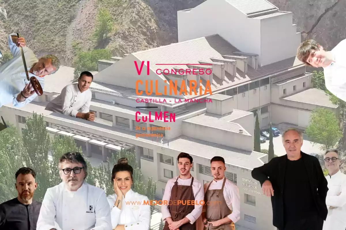 Imagen promocional del VI Congreso Culinaria Castilla-La Mancha con varios chefs destacados frente a un edificio.