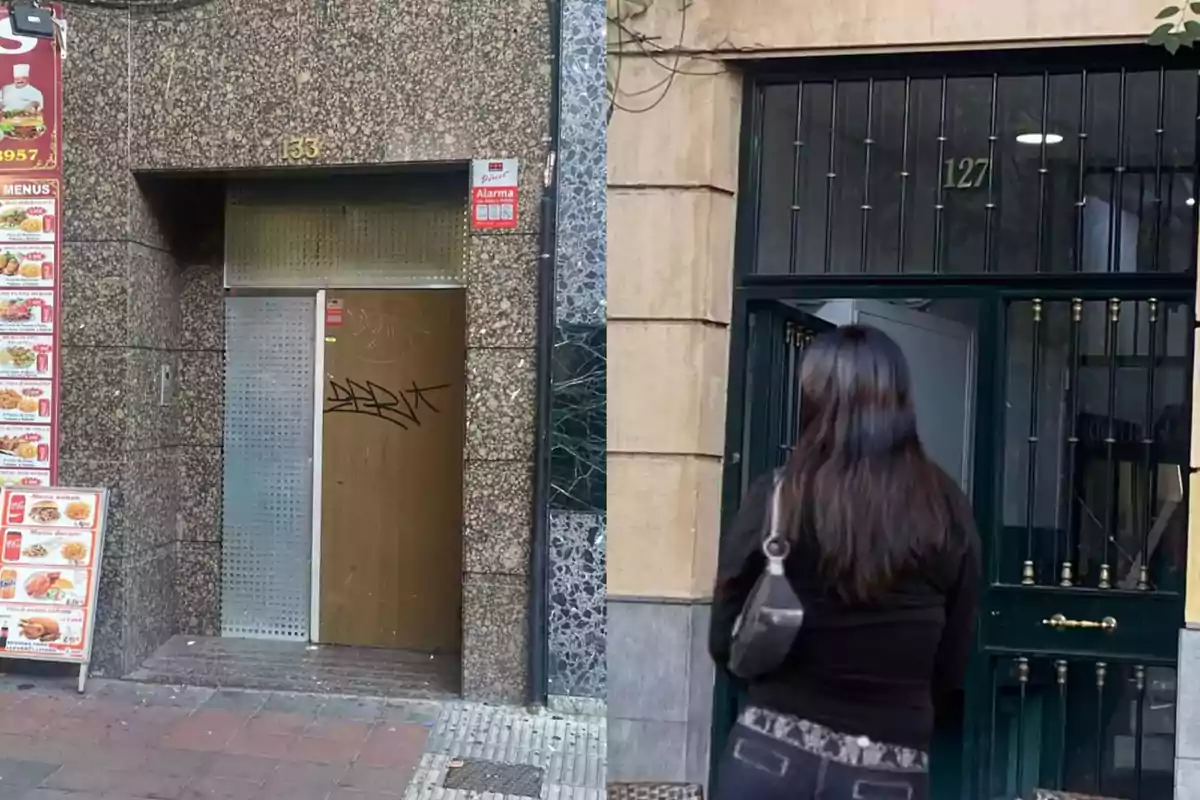 Dos entradas de edificios, una con puerta metálica y grafiti, la otra con una mujer de espaldas frente a una puerta verde.