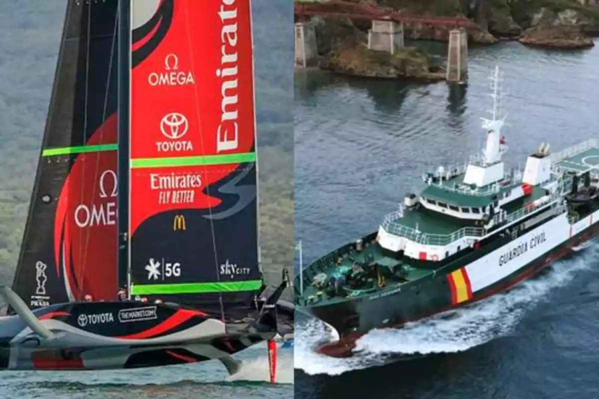 Un barco de vela con publicidad de varias marcas y un barco de la Guardia Civil navegando en el mar.