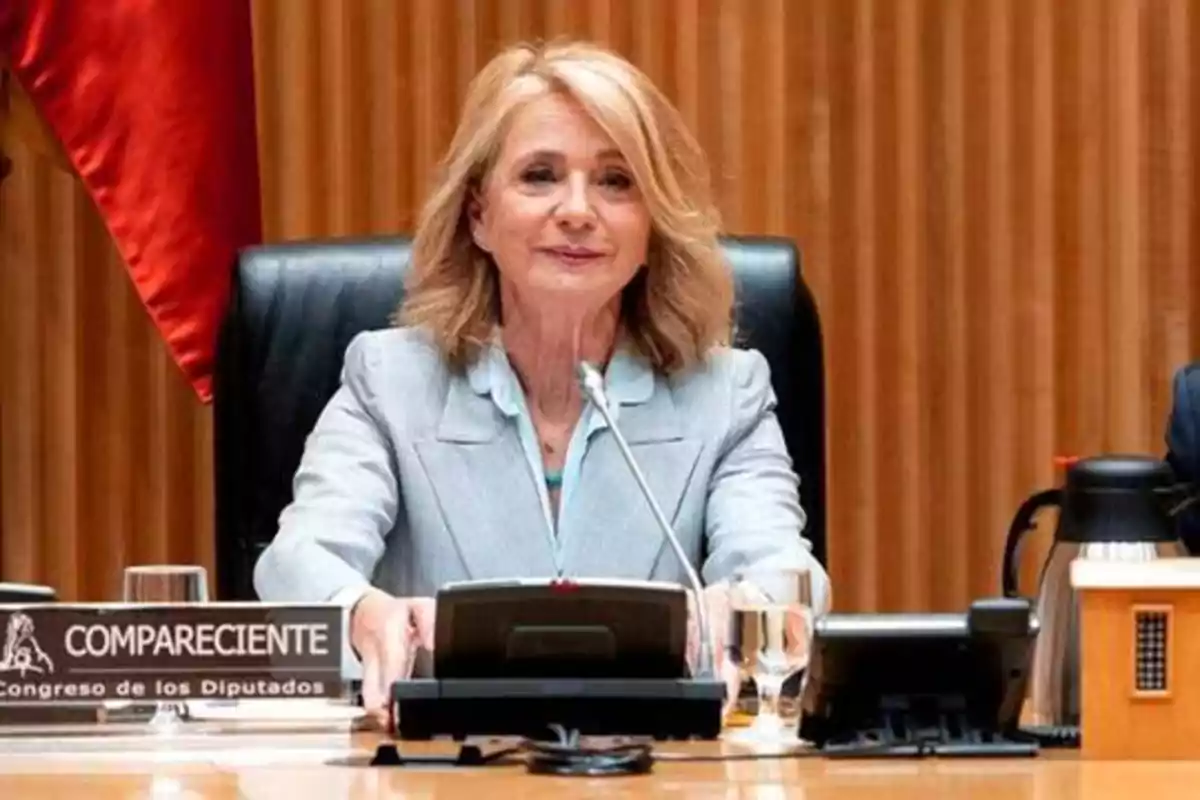 Una mujer sentada en una mesa con un micrófono frente a ella en el Congreso de los Diputados.