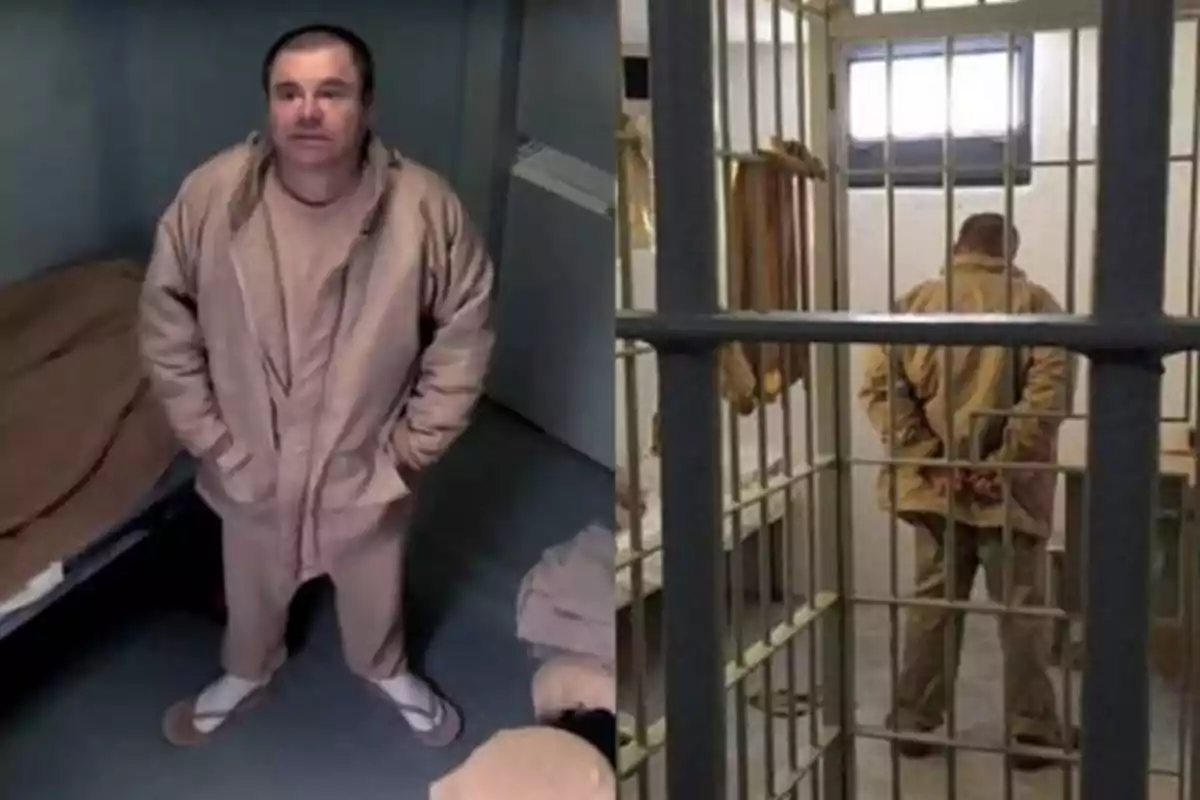 Un hombre con ropa beige dentro de una celda de prisión, en una imagen está de pie con las manos en los bolsillos y en la otra está de espaldas con las manos detrás de la espalda.