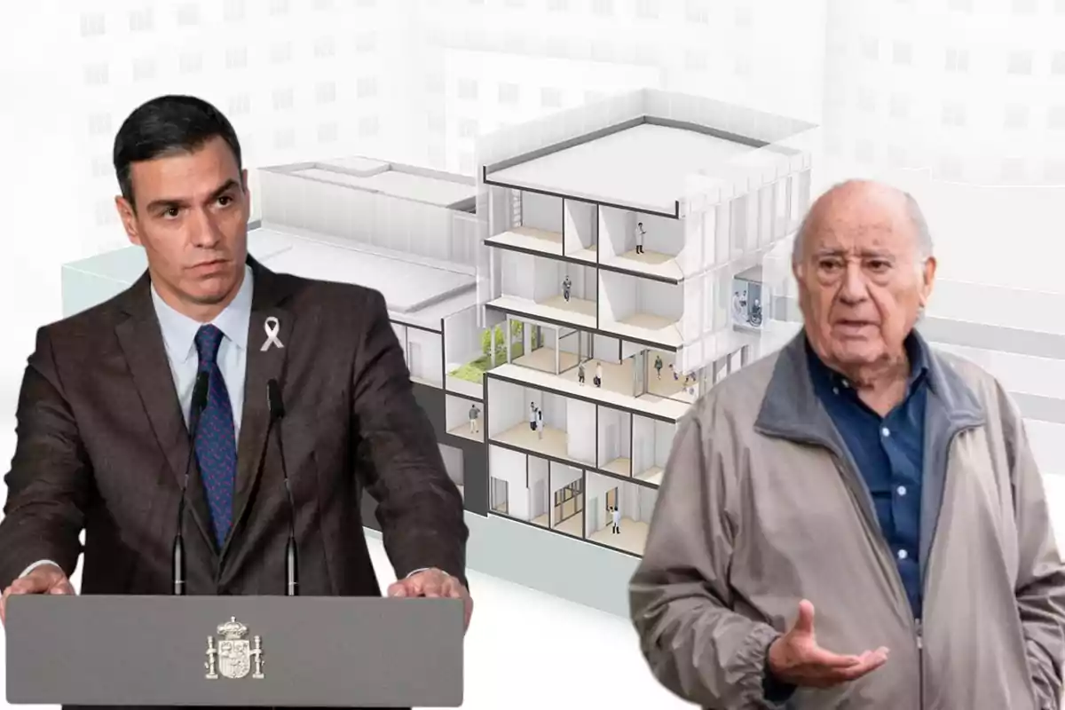 Dos hombres frente a un diseño arquitectónico de un edificio moderno.