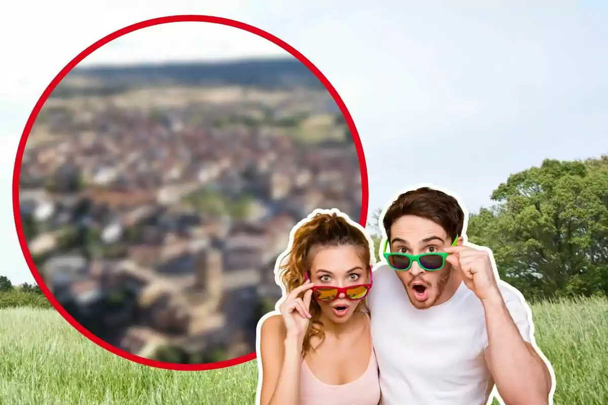 Una pareja con gafas de sol sorprendida en un campo con una imagen borrosa de una ciudad en el fondo.