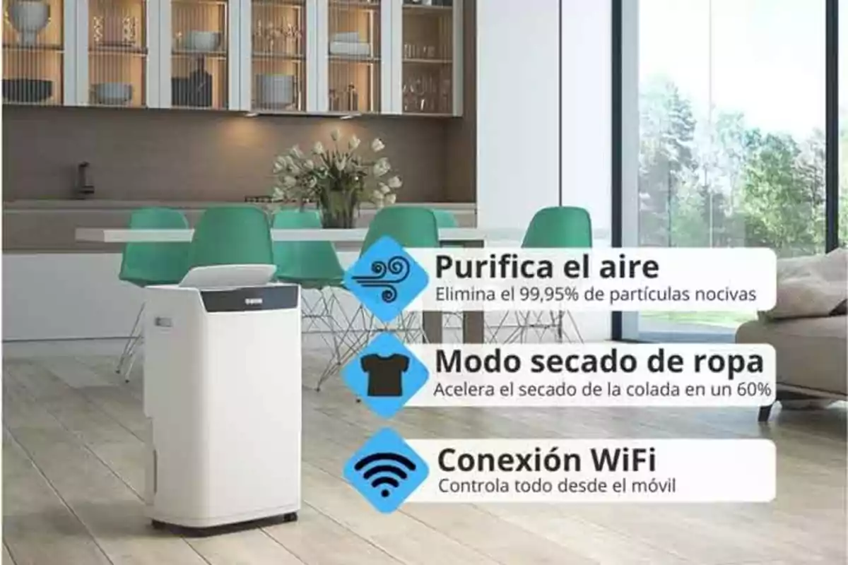 La imagen muestra un purificador de aire en una cocina moderna con sillas verdes y una mesa blanca. El dispositivo tiene tres características destacadas: purifica el aire eliminando el 99.95% de partículas nocivas, tiene un modo de secado de ropa que acelera el secado en un 60%, y cuenta con conexión WiFi para controlarlo desde el móvil.