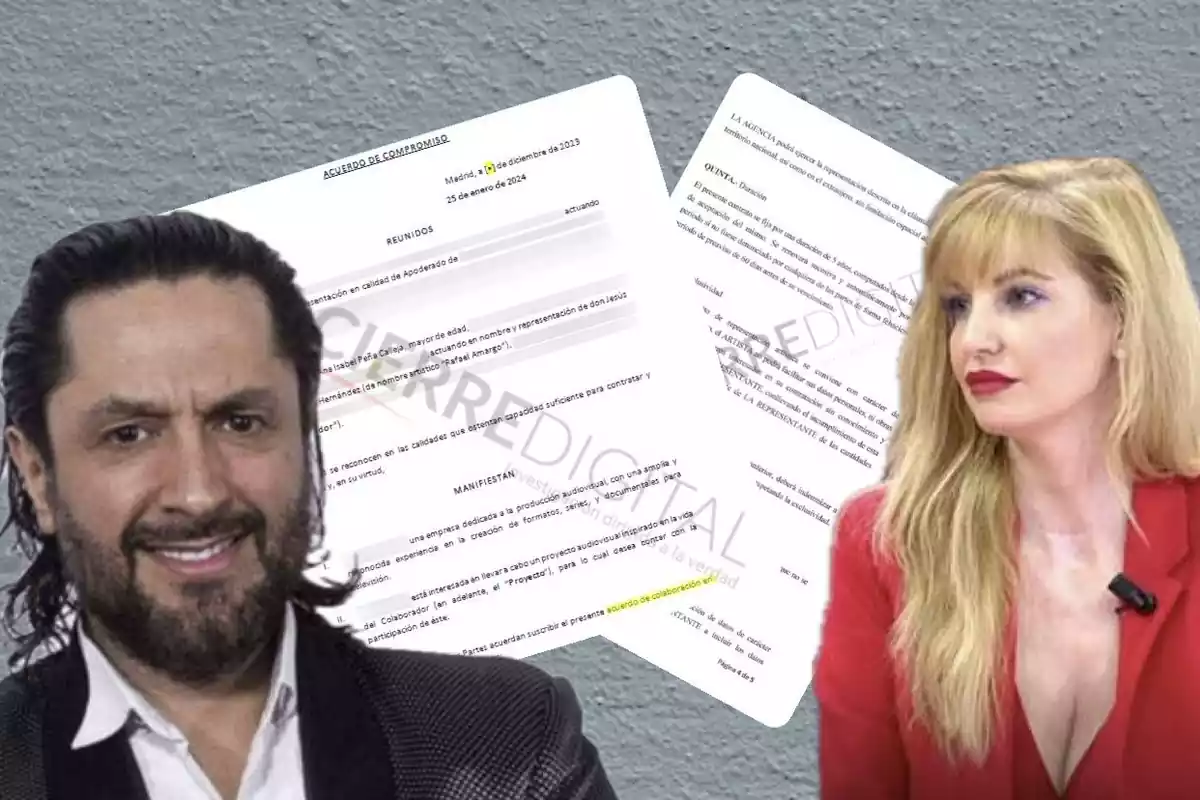 Rafael Amargo y Ana Peña con los documentos de exclusividad de fondo en un montaje.