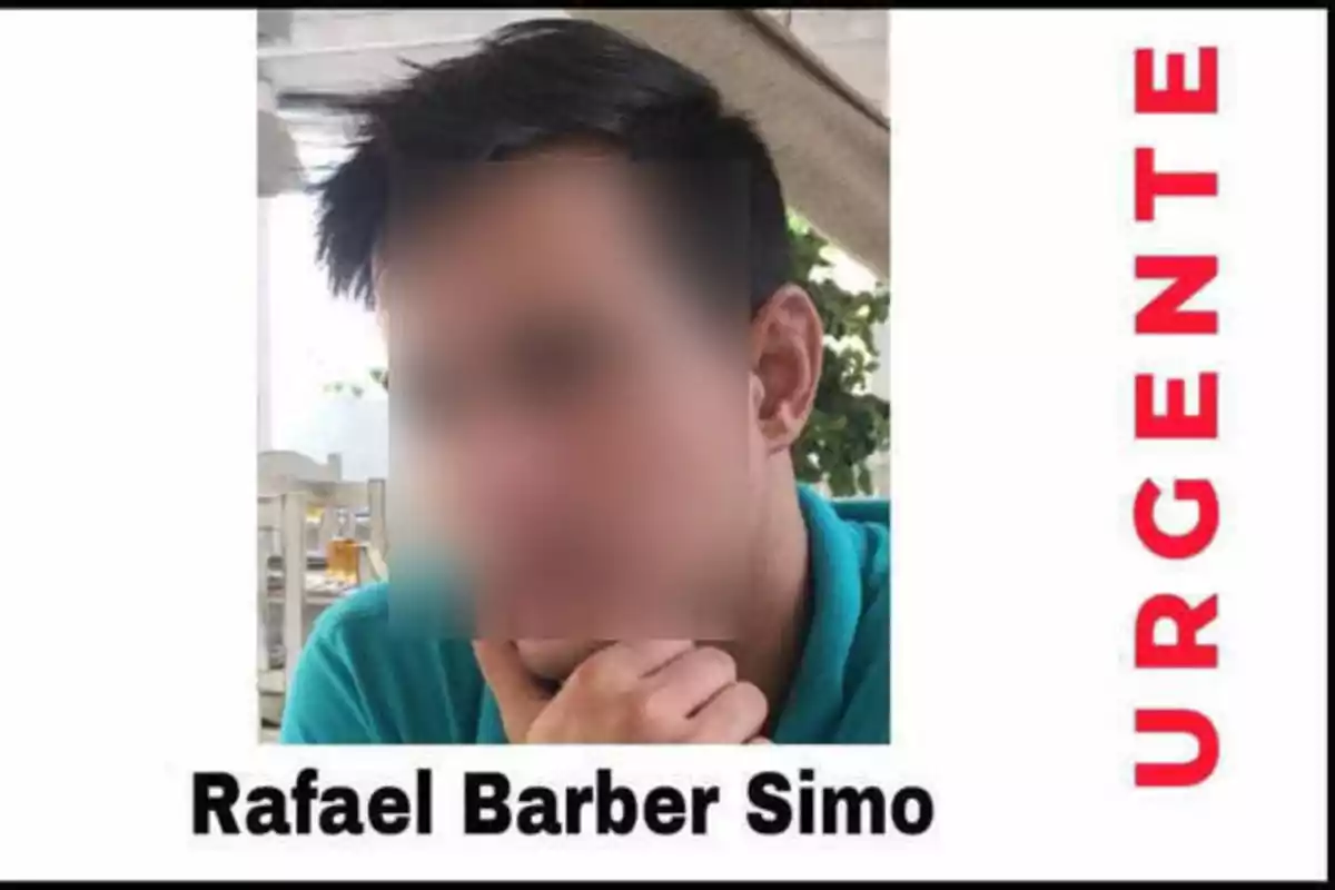 Hombre con rostro difuminado y texto "URGENTE" en rojo a la derecha y "Rafael Barber Simo" en la parte inferior.