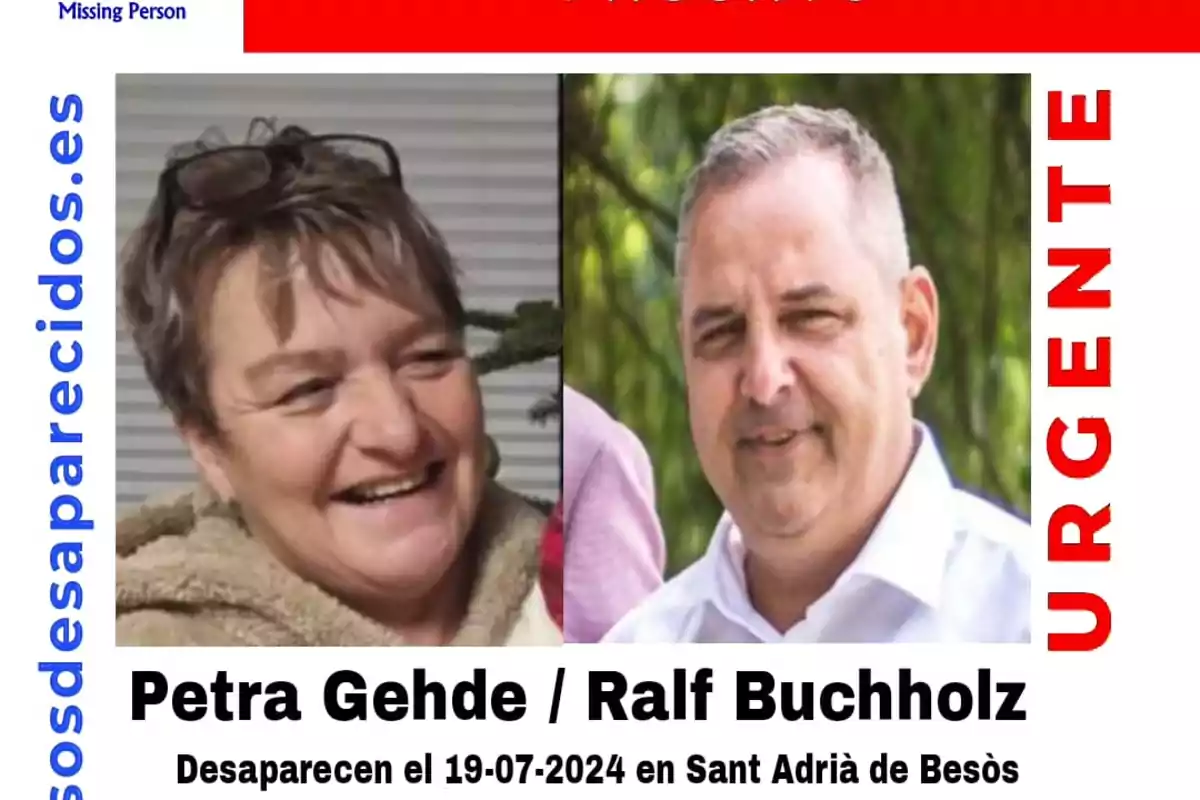 Imagen de un cartel de personas desaparecidas con las fotos de dos personas, Petra Gehde y Ralf Buchholz, quienes desaparecieron el 19-07-2024 en Sant Adrià de Besòs, con la palabra "URGENTE" en rojo y el sitio web "sosdesaparecidos.es" en azul.