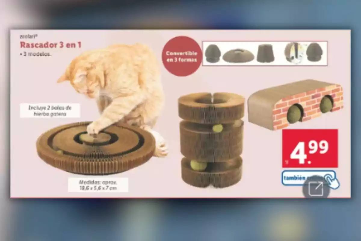 Un gato juega con un rascador de cartón que se puede convertir en tres formas diferentes, incluye dos bolas de hierba gatera y tiene un precio de 4.99. Un gato juega con un rascador de cartón que se puede convertir en tres formas diferentes, incluye dos bolas de hierba gatera y tiene un precio de 4.99.