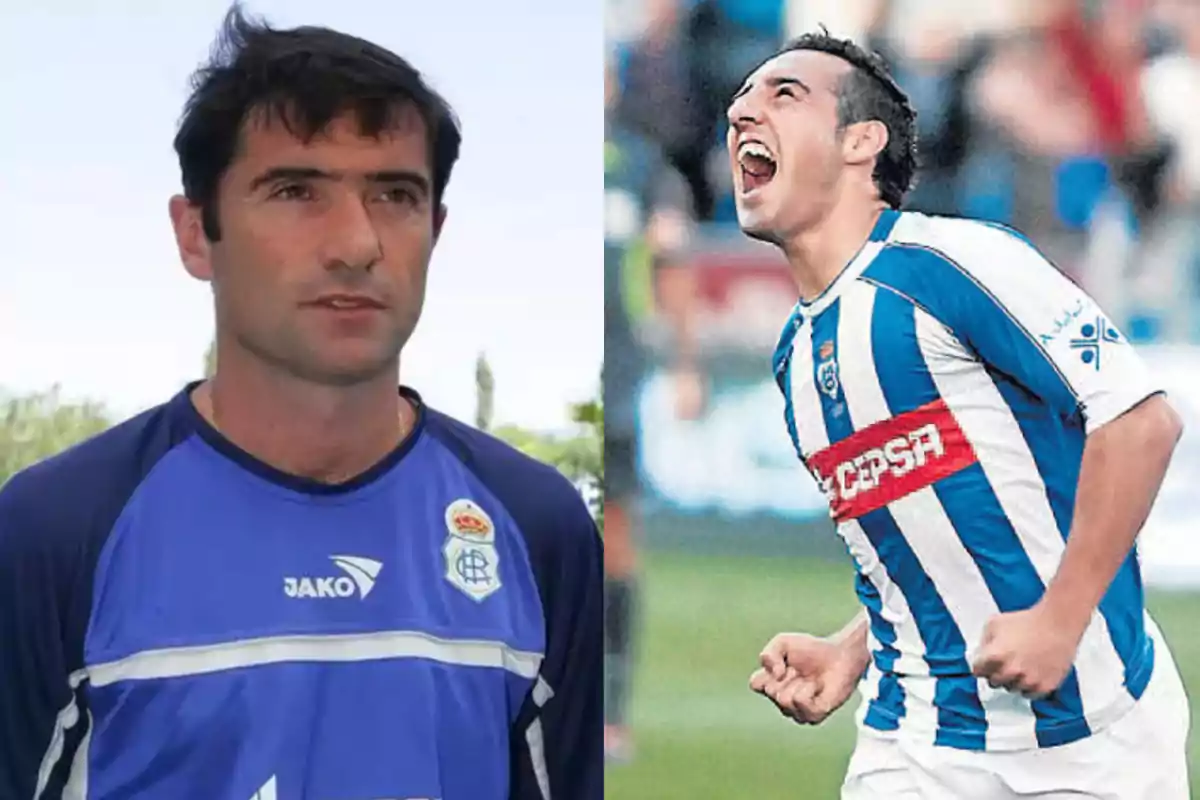 Dos hombres con camisetas de fútbol, uno de ellos está celebrando en el campo.