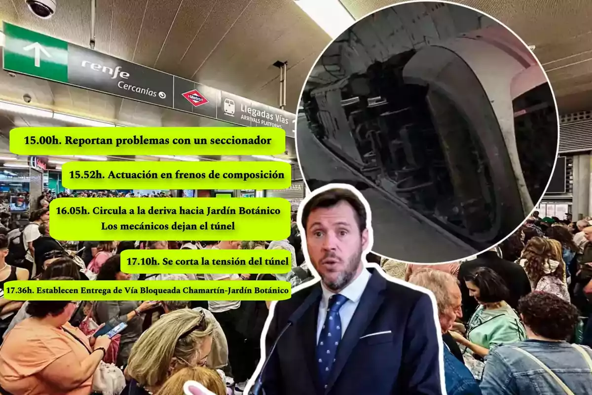 Una estación de tren llena de gente con un cartel de Renfe Cercanías y Metro en el techo. Hay un collage con un tren en un túnel y un hombre con traje. Texto amarillo con horarios y eventos relacionados con problemas técnicos en el servicio ferroviario.