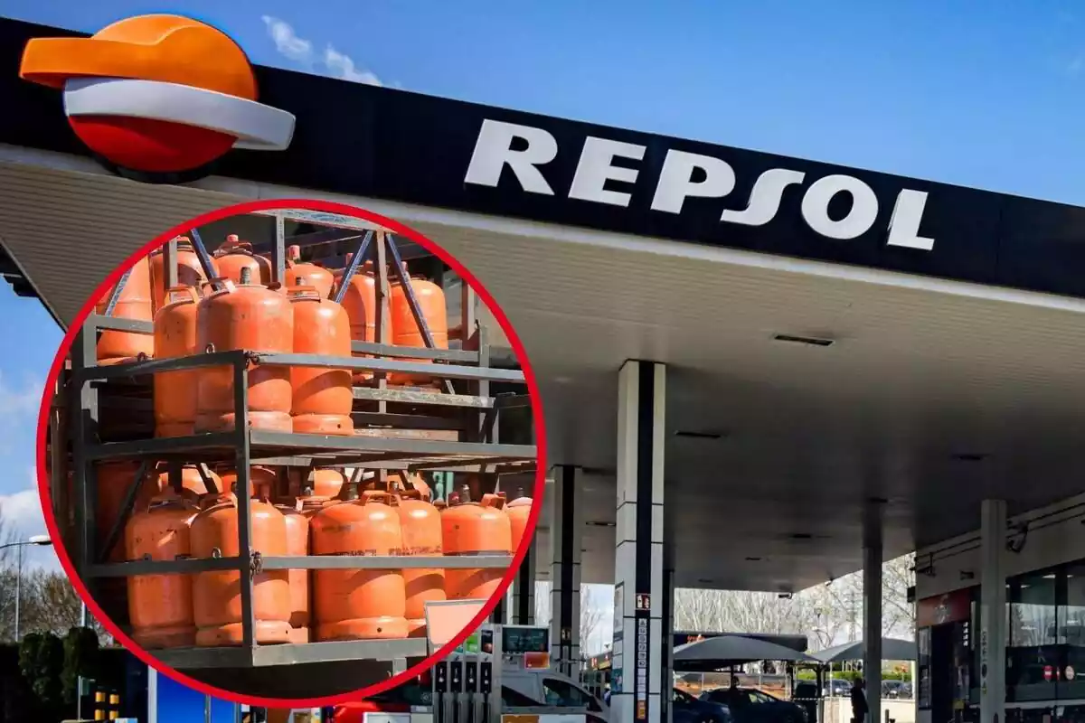 Imagen de fondo de una gasolinera Repsol y otra imagen de varias bombonas de butano amontonadas Imagen de fondo de una gasolinera Repsol y otra imagen de varias bombonas de butano amontonadas