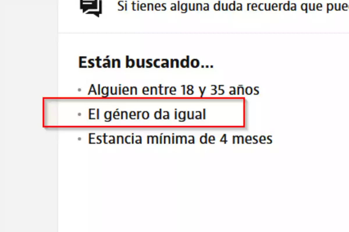 Texto que indica que están buscando a alguien entre 18 y 35 años, el género da igual y estancia mínima de 4 meses.