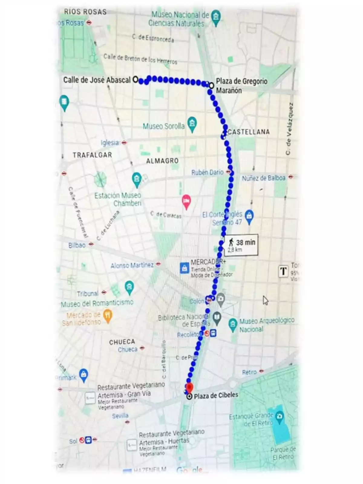 Mapa que muestra una ruta a pie de 2,8 km desde la Calle de José Abascal hasta la Plaza de Cibeles en Madrid, pasando por la Plaza de Gregorio Marañón y la Castellana, con una duración estimada de 38 minutos.