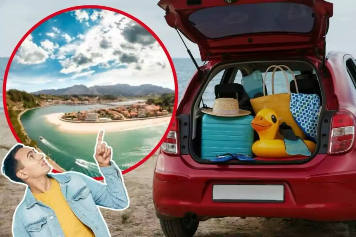 Un hombre señala una imagen de una playa mientras un coche rojo con el maletero abierto está lleno de artículos de playa como una maleta, un sombrero, una bolsa y un flotador de pato.