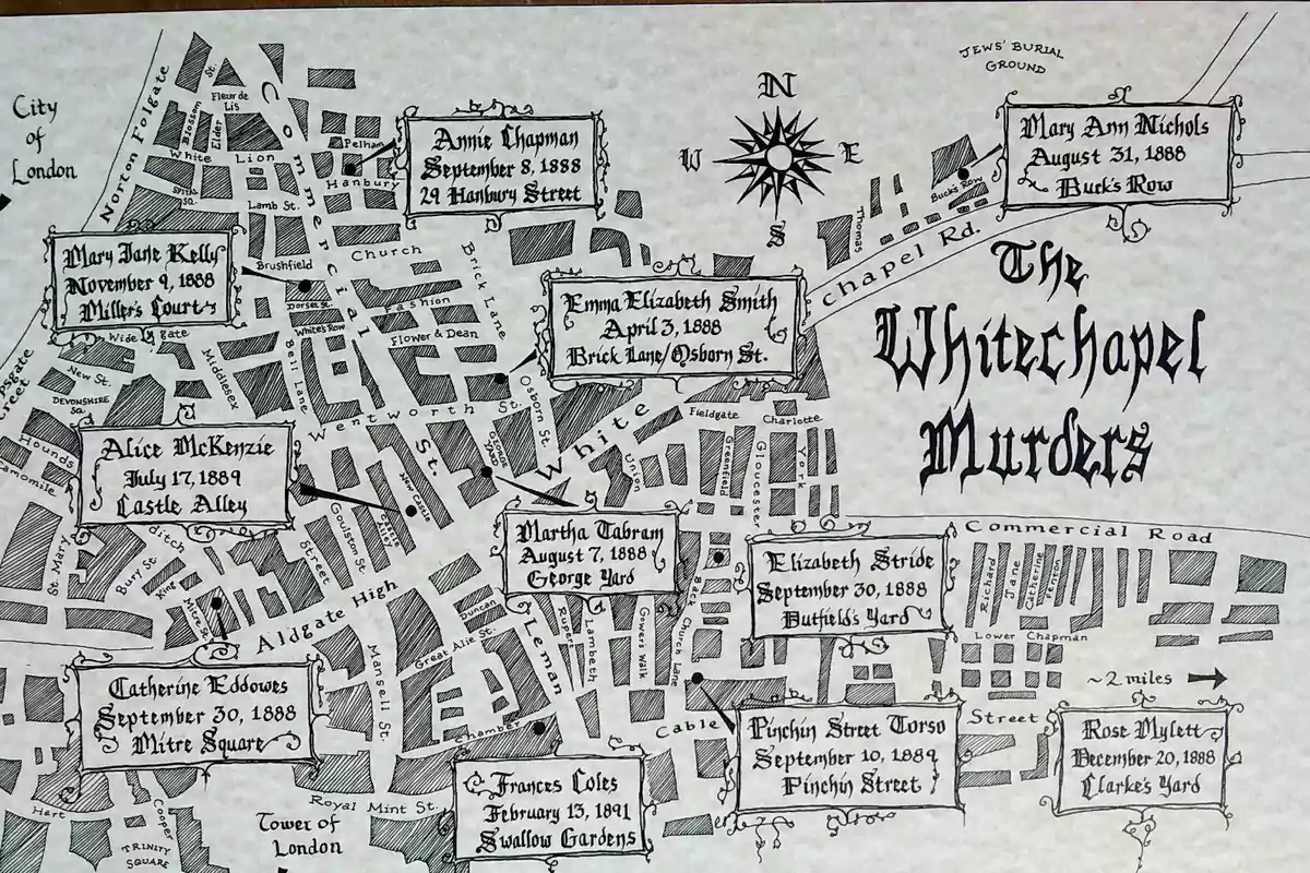 Mapa ilustrado de los asesinatos de Whitechapel en Londres, mostrando ubicaciones y fechas de los crímenes asociados con Jack el Destripador. Mapa ilustrado de los asesinatos de Whitechapel en Londres, mostrando ubicaciones y fechas de los crímenes asociados con Jack el Destripador.