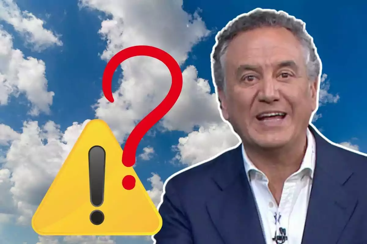 Hombre hablando frente a un fondo de cielo con nubes junto a un signo de advertencia amarillo y un signo de interrogación rojo. Hombre hablando frente a un fondo de cielo con nubes junto a un signo de advertencia amarillo y un signo de interrogación rojo.