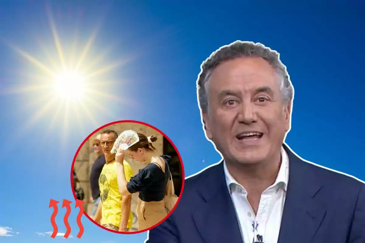 Un hombre hablando frente a un fondo de cielo azul con un sol brillante y un recuadro que muestra a dos personas caminando bajo el sol.