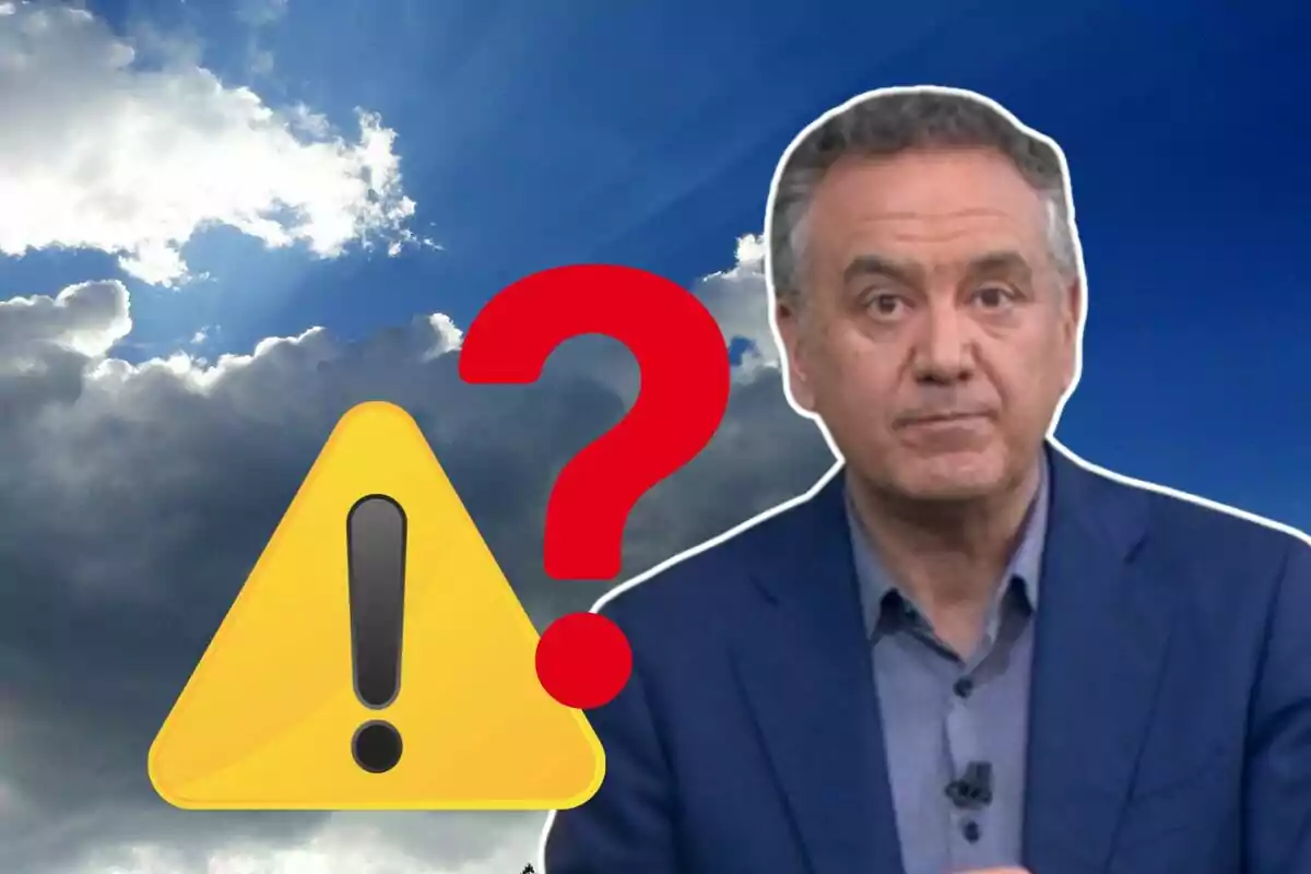 Hombre de traje azul con expresión seria frente a un cielo nublado acompañado de un signo de advertencia amarillo y un signo de interrogación rojo